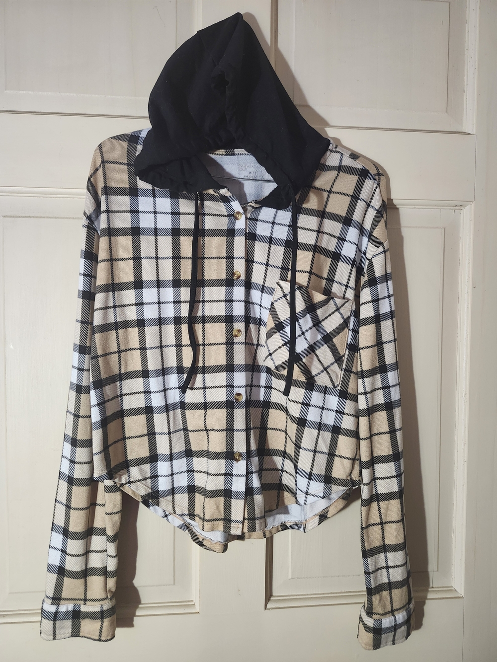 No Boundaries Beige, Black and White Plaid Hooded Cropped Button-Up Shirt Jacket